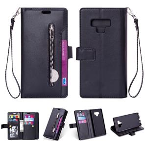 huismerk Voor Samsung Galaxy Note9 Multifunctionele Rits Horizontale Flip Lederen Case met Holder & Wallet & 9 Card Slots & Lanyard(Zwart)