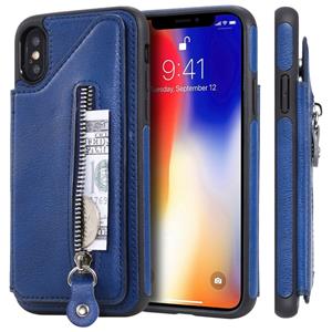 huismerk Voor iPhone XS effen kleur dubbele gesp rits schokbestendige beschermhoes (blauw)