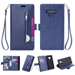 huismerk Voor Samsung Galaxy Note9 Multifunctionele Rits Horizontale Flip Lederen Case met Holder & Wallet & 9 Card Slots & Lanyard(Blue)