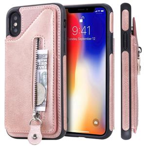 huismerk Voor iPhone XS effen kleur dubbele gesp rits schokbestendige beschermende case (Rose goud)