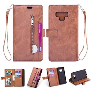 huismerk Voor Samsung Galaxy Note9 Multifunctionele Rits Horizontale Flip Lederen Case met Holder & Wallet & 9 Card Slots & Lanyard(Brown)