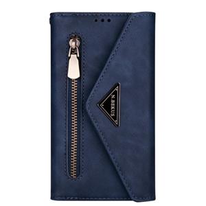 huismerk Voor iPhone XR Skin Feel Zipper Horizontale Flip Lederen case met Holder & Card Slots & Photo Frame & Lanyard & Long Rope(Blue)