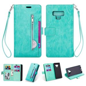 huismerk Voor Samsung Galaxy Note9 Multifunctionele Rits Horizontale Flip Lederen Case met Holder & Wallet & 9 Card Slots & Lanyard(Mint Green)