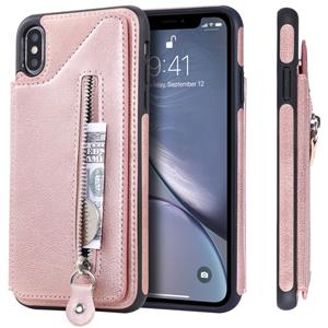 huismerk Voor iPhone XS Max effen kleur dubbele gesp rits schokbestendige beschermende case (Rose goud)