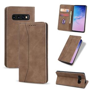 huismerk Voor Samsung Galaxy S10+ Skin-feel Kalfsleren Textuur Magnetische dual-fold horizontale flip lederen kast met Holder & Card Slots & Wallet(Bruin)