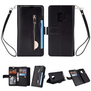 huismerk Voor Samsung Galaxy S9 Multifunctionele Rits Horizontale Flip Lederen Case met Holder & Wallet & 9 Card Slots & Lanyard(Zwart)