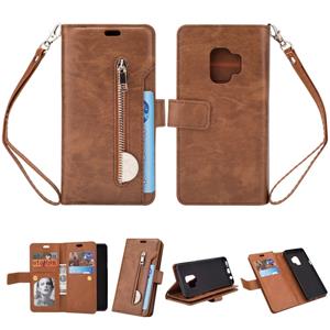 huismerk Voor Samsung Galaxy S9 Multifunctionele Rits Horizontale Flip Lederen Case met Holder & Wallet & 9 Card Slots & Lanyard(Brown)