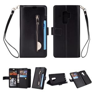 huismerk Voor Samsung Galaxy S9+ Multifunctionele Rits Horizontale Flip Lederen Case met Holder & Wallet & 9 Card Slots & Lanyard(Zwart)