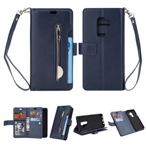 huismerk Voor Samsung Galaxy S9+ Multifunctionele Rits Horizontale Flip Lederen Case met Holder & Wallet & 9 Card Slots & Lanyard(Blue)