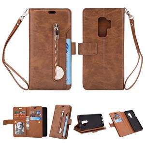 huismerk Voor Samsung Galaxy S9+ Multifunctionele Rits Horizontale Flip Lederen Case met Holder & Wallet & 9 Card Slots & Lanyard(Bruin)