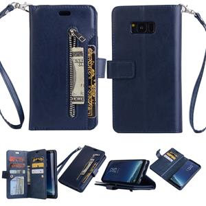 huismerk Voor Samsung Galaxy S8+ Multifunctionele Rits Horizontale Flip Lederen Case met Holder & Wallet & 9 Card Slots & Lanyard(Blue)