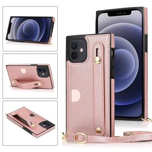 huismerk PU+TPU Schokbestendige beschermhoes met Crossbody Lanyard & Holder & Card Slot & Polsbandje Voor iPhone 12 mini(Rose Gold)