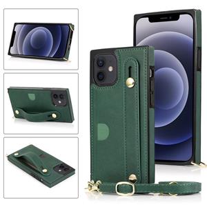 huismerk PU+TPU Schokbestendige beschermhoes met Crossbody Lanyard & Houder & Kaartslot & Polsbandje Voor iPhone 12 mini(Groen)