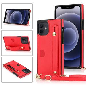 huismerk PU+TPU Schokbestendige beschermhoes met Crossbody Lanyard & Holder & Card Slot & Polsbandje Voor iPhone 12 mini(Rood)