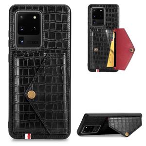 huismerk Voor Galaxy S20 Ultra Crocodile Patroon Envelop kaart pakket telefoon geval met magneet en beugel functie (zwart)