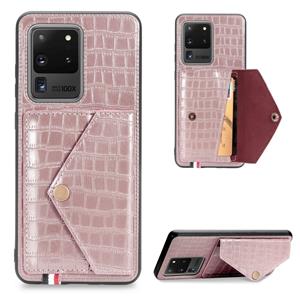 huismerk Voor Galaxy S20 Ultra Crocodile Patroon Envelop kaart pakket telefoon geval met magneet en beugel functie (rose gold)