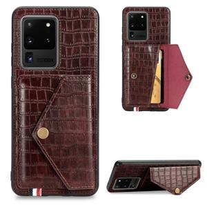 huismerk Voor Galaxy S20 Ultra Crocodile Patroon Envelop kaart pakket telefoon geval met magneet en beugel functie (bruin)