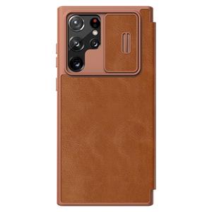 Voor Samsung Galaxy S22 Ultra 5G Nillkin Qin Series Pro Glijdende Camera Cover Design Lederen Telefoonhoes (Brown)