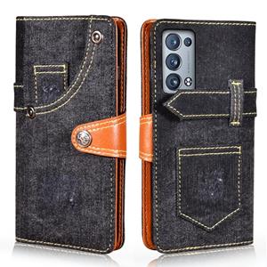 huismerk For OPPO Reno6 Pro 5G Denim Horizontal Flip Leather Case with Holder & Card Slot & Wallet(Black)