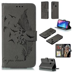 huismerk Feather patroon Litchi textuur horizontale Flip lederen draagtas met portemonnee & houder & kaartsleuven voor Xiaomi Redmi Note 7 (grijs)