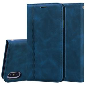 huismerk Voor iPhone XS / X Frosted Business Magnetic Horizontal Flip PU Leather Case met Holder & Card Slot & Lanyard(Blauw)