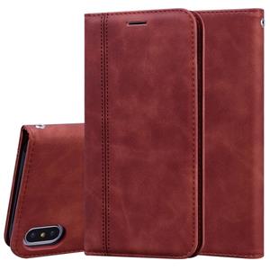 huismerk Voor iPhone XS / X Frosted Business Magnetic Horizontal Flip PU Leather Case met Holder & Card Slot & Lanyard(Bruin)