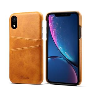 huismerk Suteni kalf textuur beschermende case voor iPhone XR met kaartsleuven (bruin)