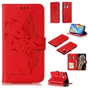 Huismerk Feather patroon Litchi textuur horizontale Flip lederen draagtas met portemonnee & houder & kaartsleuven voor Huawei P30 Lite (rood)