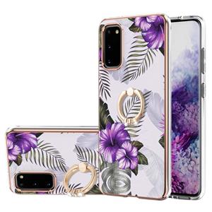 huismerk Voor Samsung Galaxy S20 Galvaniseren Patroon IMD TPU Shockproof Case met Rhinestone Ringhouder (Purple Flower)