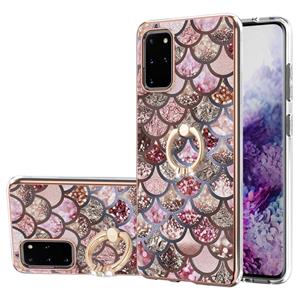 huismerk Voor Samsung Galaxy S20 + Electroplating Pattern IMD TPU Shockproof Case met Rhinestone Ringhouder (roze schubben)