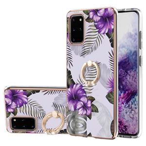 huismerk Voor Samsung Galaxy S20 + Electroplating Pattern IMD TPU Schokbestendig Case met Rhinestone Ringhouder (Purple Flower)