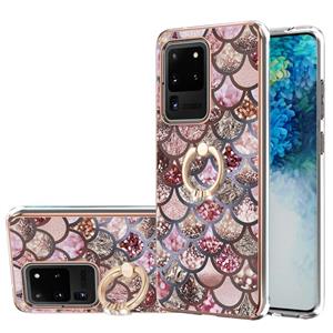 huismerk Voor Samsung Galaxy S20 Ultra Electroplating Pattern IMD TPU Shockproof Case met Rhinestone Ringhouder (roze schubben)