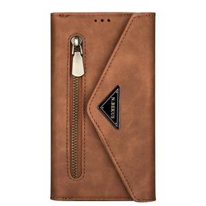 huismerk Voor Samsung Galaxy Note20 Skin Feel Zipper Horizontale Flip Lederen case met Holder & Card Slots & Photo Frame & Lanyard & Long Rope(Bruin)