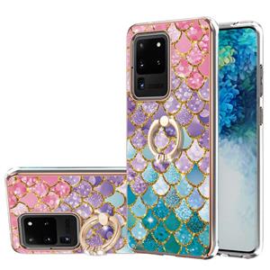 huismerk Voor Samsung Galaxy S20 Ultra Electroplating Pattern IMD TPU Shockproof Case met Rhinestone Ring Holder (kleurrijke schalen)