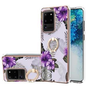 huismerk Voor Samsung Galaxy S20 Ultra Electroplating Pattern IMD TPU Shockproof Case met Rhinestone Ringhouder (Purple Flower)