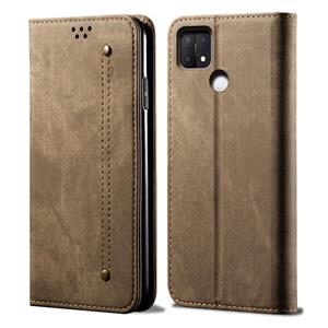 huismerk Voor Oppo A35 / A15 / A15S Denim Texture Casual Stijl Lederen Telefoonhoesje (Khaki)