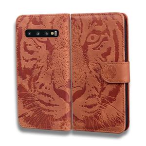 huismerk Voor Samsung Galaxy S10 Tiger Embossing Pattern Horizontale Flip Lederen Case met Holder & Card Slots & Wallet(Brown)