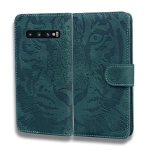 huismerk Voor Samsung Galaxy S10 Tiger Embossing Pattern Horizontale Flip Lederen Case met Holder & Card Slots & Wallet(Groen)