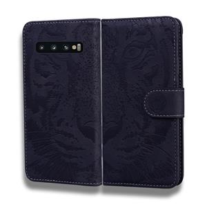 huismerk Voor Samsung Galaxy S10 Plus Tiger Embossing Pattern Horizontale Flip Lederen Case met Holder & Card Slots & Wallet(Zwart)