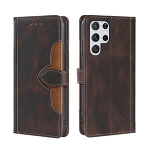 huismerk Voor Samaung Galaxy S22 Ultra 5G Huid Feel Stro Hat Horizontale Flip Leren Case met Houder & Card Slots (Brown)