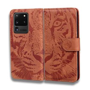 huismerk Voor Samsung Galaxy S20 Ultra Tiger Embossing Pattern Horizontale Flip Lederen Case met Holder & Card Slots & Wallet(Brown)