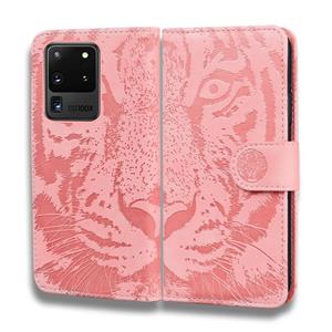 huismerk Voor Samsung Galaxy S20 Ultra Tiger Embossing Pattern Horizontale Flip Lederen Case met Holder & Card Slots & Wallet(Pink)