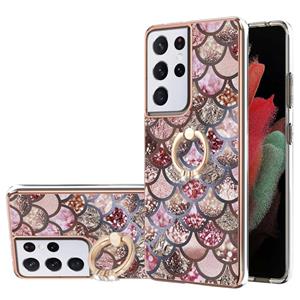 huismerk Voor Samsung Galaxy S21 Ultra 5G Electroplating Pattern IMD TPU Shockproof Case met Rhinestone Ringhouder (roze schubben)