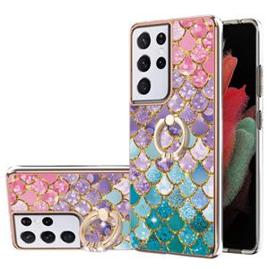 huismerk Voor Samsung Galaxy S21 Ultra 5G Electroplating Pattern IMD TPU Shockproof Case met Rhinestone Ringhouder (kleurrijke schubben)