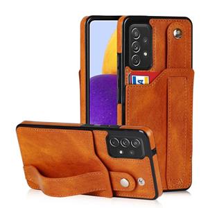 huismerk Voor Samsung Galaxy A72 5G / 4G Crazy Horse Texture Shockproof TPU + PU lederen hoesje met kaartsleuf en polsbandhouder (geel)