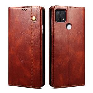 huismerk Voor Oppo A35 / A15 / A15S Eenvoudige Wax Crazy Horse Texture Horizontale Flip Lederen Telefoonhoesje Met Kaart Slots & Houder (Brown)