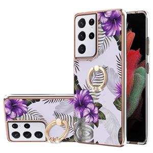 huismerk Voor Samsung Galaxy S21 Ultra 5G Electroplating Pattern IMD TPU Shockproof Case met Rhinestone Ringhouder (Purple Flower)