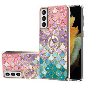 huismerk Voor Samsung Galaxy S21 + 5G Electroplating Pattern IMD TPU Shockproof Case met Rhinestone Ringhouder (kleurrijke schubben)