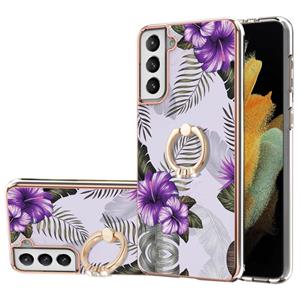 huismerk Voor Samsung Galaxy S21 + 5G Electroplating Pattern IMD TPU Shockproof Case met Rhinestone Ring Holder (Purple Flower)