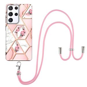 huismerk Voor Samsung Galaxy S21 Ultra 5G Electroplating Splicing Marmeren Bloempatroon TPU Schokbestendig Case met Lanyard (Pink Flower)